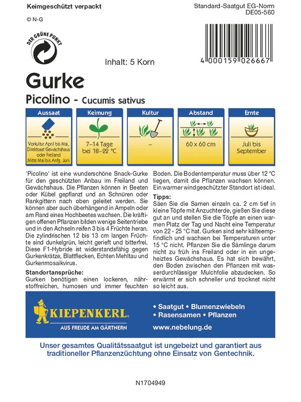 Gurke Picolino F1 | Gurkensamen Von Kiepenkerl 3 Gurke Picolino F1 | Gurkensamen Von Kiepenkerl